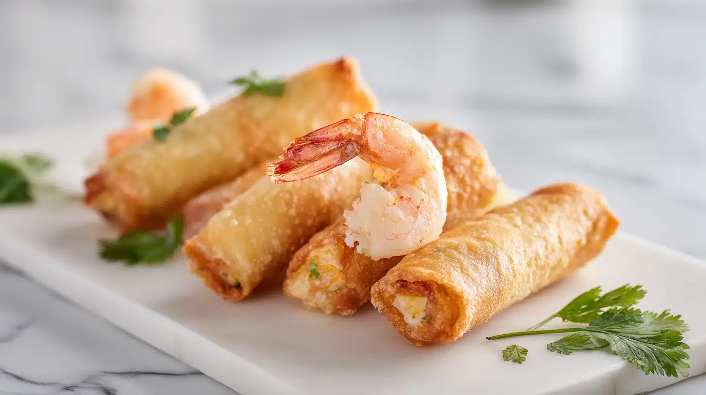 43-Minute Crispy Shrimp Egg Rolls That Are Better Than Takeout 30 Crispy golden shrimp egg rolls sliced showing shrimp and cabbage filling on a wooden board.