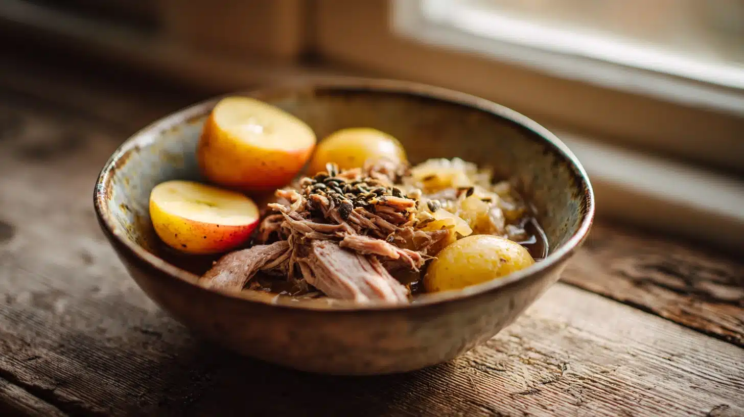 The Easiest Slow Cooker Sauerkraut and Pork Recipe for Tender, Tangy Perfection 19 Tender shredded pork and sauerkraut with apples for slow cooker sauerkraut and pork recipe.