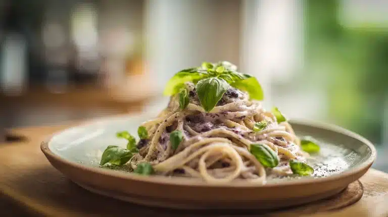 Creamy spaghetti with blueberry sauce and basil on wooden board