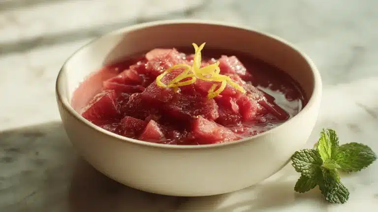 A white bowl of deep pink stewed rhubarb compote on a marble surface