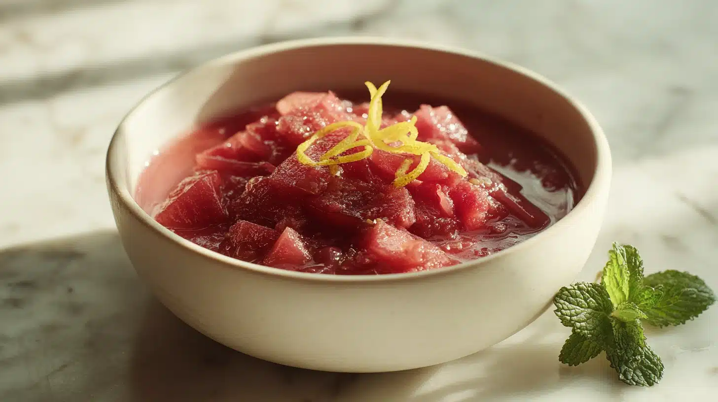 Stewed Rhubarb: The Simple Compote That Makes Everything Better 16 A white bowl of deep pink stewed rhubarb compote on a marble surface