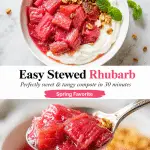 A bowl of creamy yogurt topped with glossy stewed rhubarb compote and granola, showcasing a vibrant pink homemade sauce.