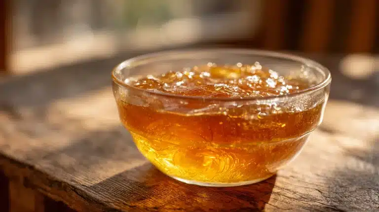 Chilled gelatin-rich homemade beef stock in a glass bowl.