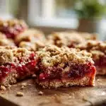 Golden strawberry rhubarb bars with oat crumble topping on a wooden board.
