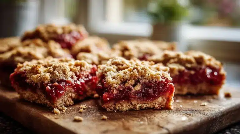 Golden strawberry rhubarb bars with oat crumble topping on a wooden board.