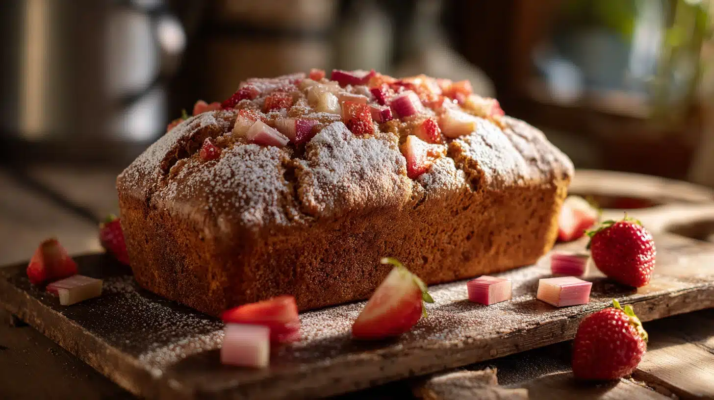 Easy Strawberry Rhubarb Bread: Sweet-Tart & Never Dry Quick Bread 22 Freshly baked strawberry rhubarb bread dusted with powdered sugar on wood
