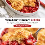 Rustic strawberry rhubarb cobbler in a white dish with golden-brown buttermilk biscuit topping, styled on bright linen for pretty rustic baking photography.