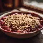 Golden Strawberry Rhubarb Crisp with oat crumble bubbling in a baking dish.