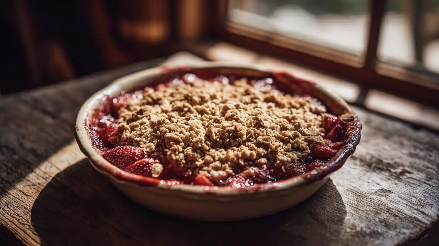 Strawberry Rhubarb Crisp: The Easy Classic with Vegan & Gluten-Free Options 22 Golden Strawberry Rhubarb Crisp with oat crumble bubbling in a baking dish.