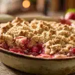 Golden strawberry rhubarb crumble with buttery oat streusel.