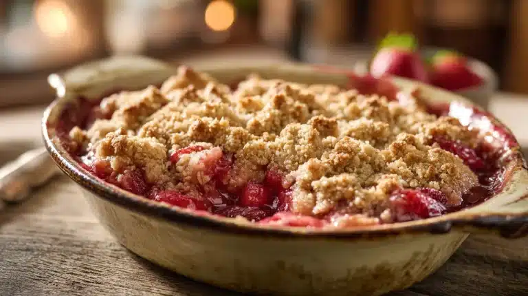 Golden strawberry rhubarb crumble with buttery oat streusel.