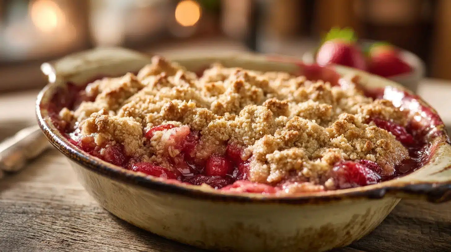 Easy Strawberry Rhubarb Crumble with Buttery Oat Streusel Topping 23 Golden strawberry rhubarb crumble with buttery oat streusel.