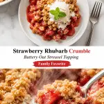Warm strawberry rhubarb crumble with buttery oat streusel, vibrant red fruit and golden topping served in a rustic dish.