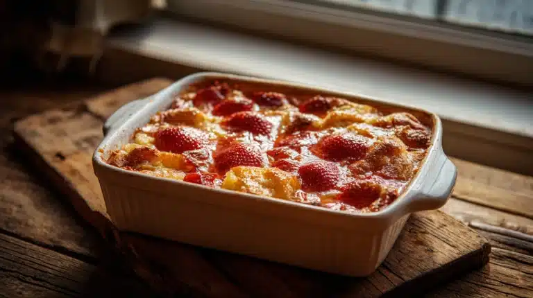 Golden strawberry rhubarb dump cake with crisp topping in baking dish.