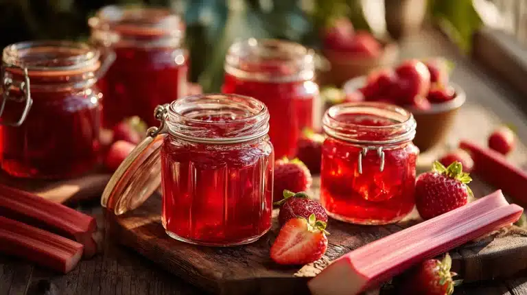 Glass jars of homemade strawberry rhubarb freezer jam with fresh strawberries and rhubarb on wood