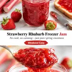 Vibrant homemade strawberry rhubarb freezer jam in a glass jar with fresh strawberries and rhubarb stalks on a rustic wooden table.