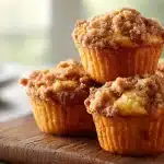Golden strawberry rhubarb muffins with streusel on a wooden board.
