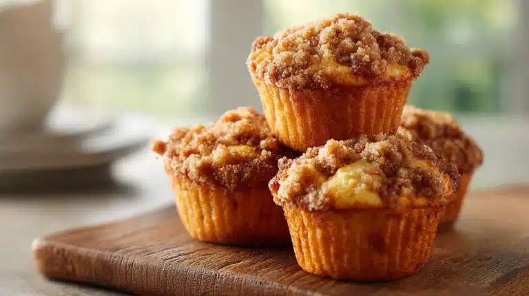 Golden strawberry rhubarb muffins with streusel on a wooden board.