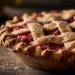 Golden lattice Strawberry Rhubarb Pie with bubbling jammy filling.