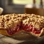 Golden brown Strawberry Rhubarb Pie with Crumble Top on a wooden board