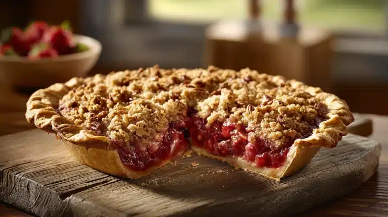 Golden brown Strawberry Rhubarb Pie with Crumble Top on a wooden board