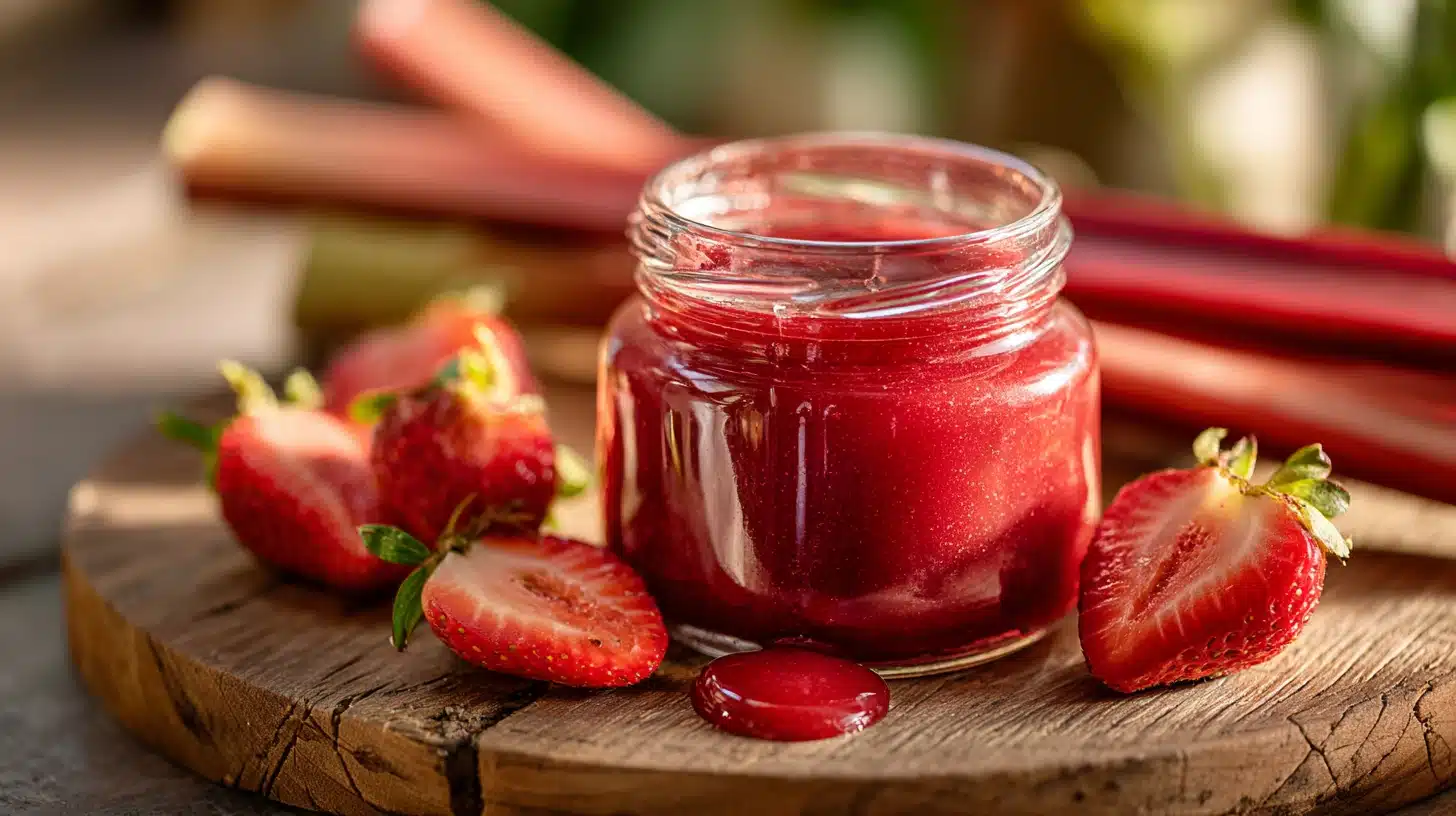Strawberry Rhubarb Sauce: Sweet, Tangy, and Ready in Under 30 Minutes 19 Close-up jar of homemade strawberry rhubarb sauce on a rustic wooden board with fresh fruit