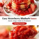 Glossy strawberry rhubarb sauce poured over fluffy pancakes, with fresh strawberries and mint, easy homemade topping.