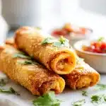 Close-up of crispy taco egg rolls filled with melted cheese and seasoned beef, garnished with fresh cilantro and salsa on a wooden table.