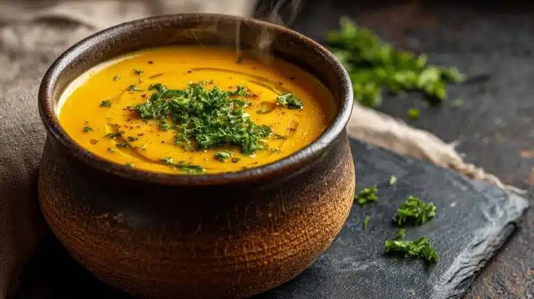 A bowl of Vegetarian Lentil Soup with olive oil drizzle and fresh parsley on rustic wood