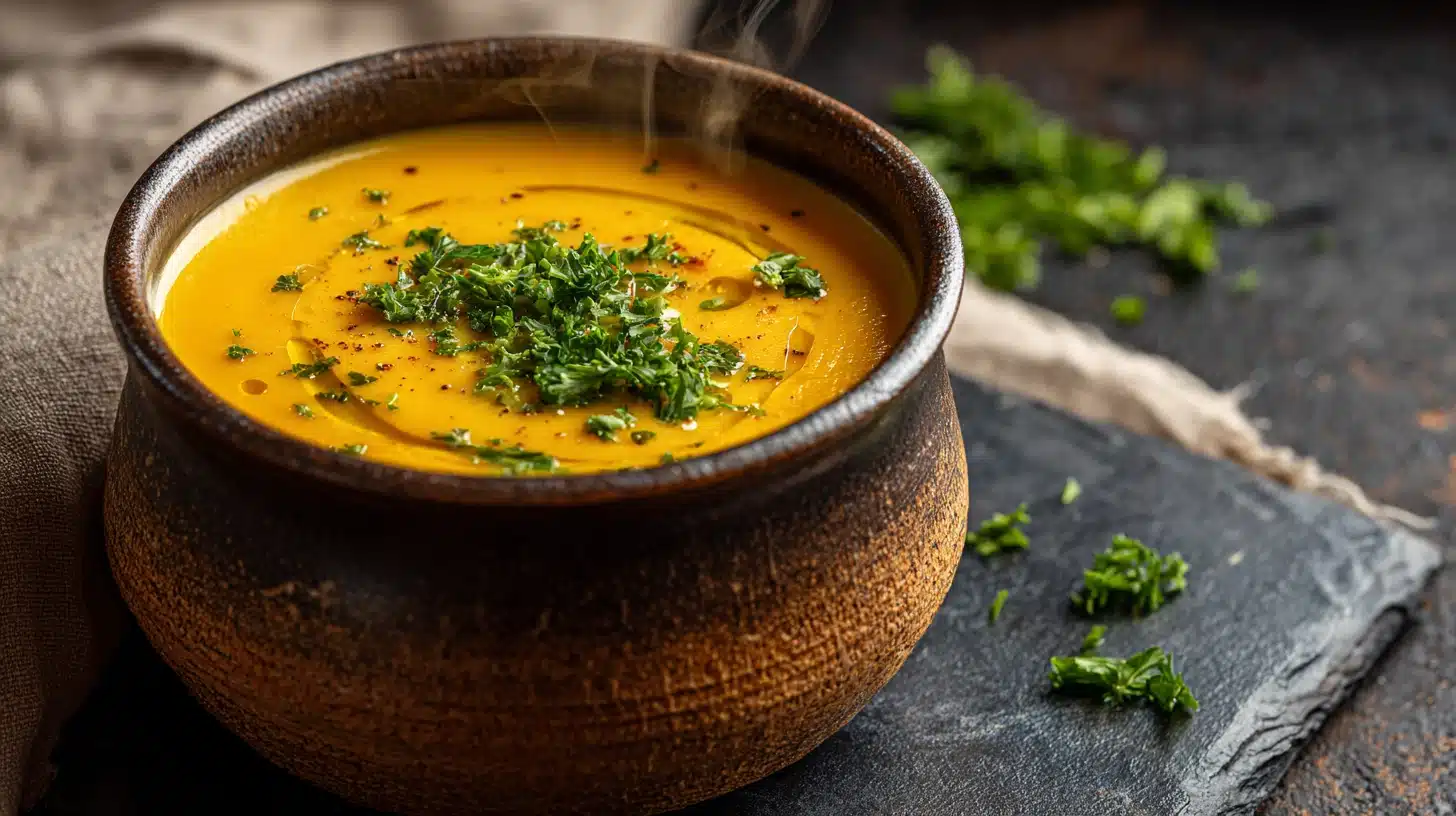 The Best Vegetarian Lentil Soup You'll Make All Season 36 A bowl of Vegetarian Lentil Soup with olive oil drizzle and fresh parsley on rustic wood