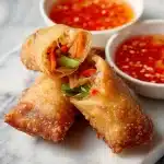 Crispy golden-brown Voodoo egg rolls with Cajun crawfish and sausage, plated with sweet chili sauce and green onion garnish.