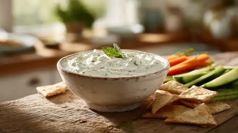 Creamy yogurt dipping sauce recipe with fresh herbs and pita chips.
