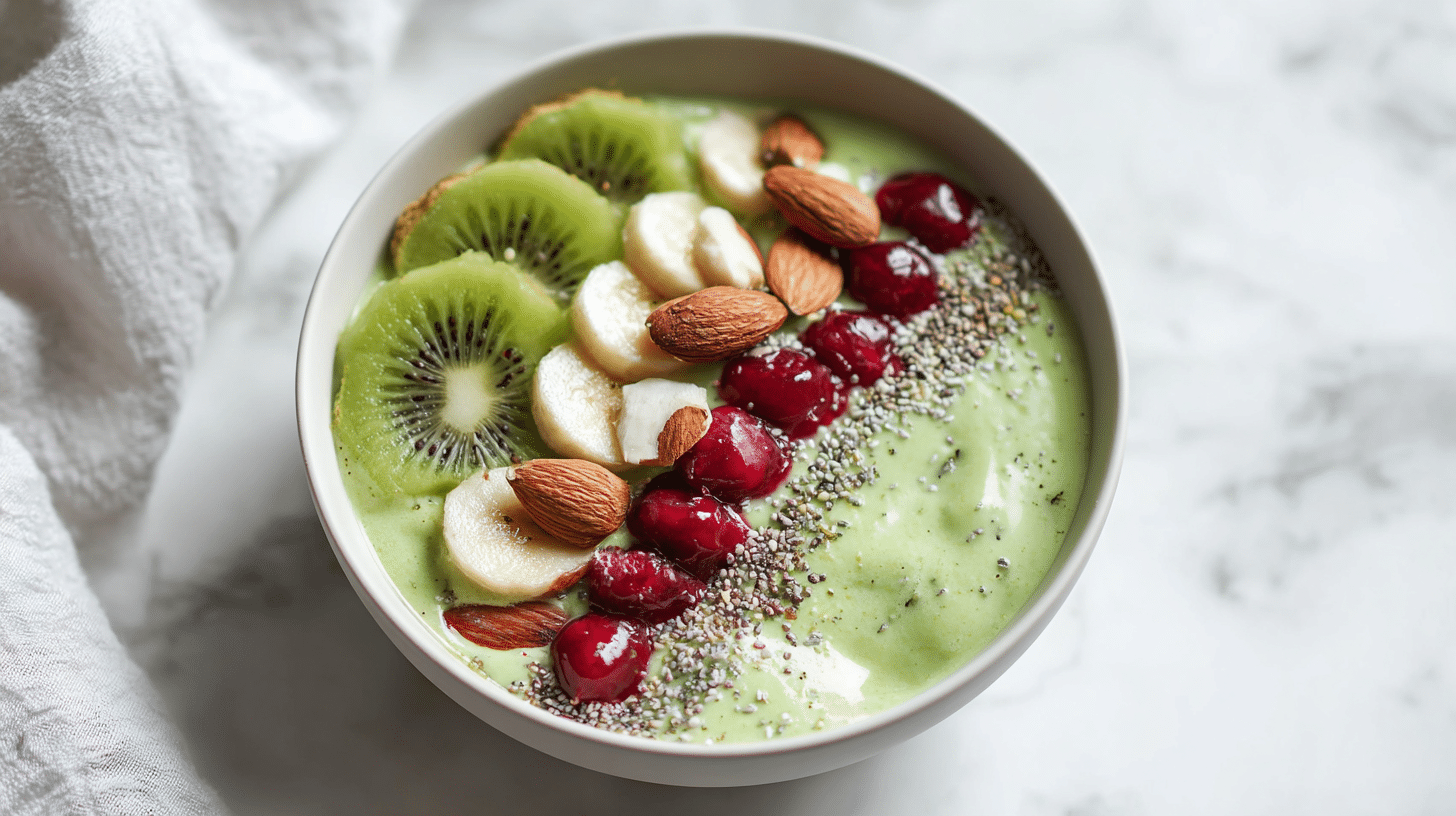 Kiwi Sleep Bowl: The Bedtime Snack Backed by Real Science 19 Finished kiwi sleep bowl with green kiwi slices, yogurt, almonds and cherry juice drizzle