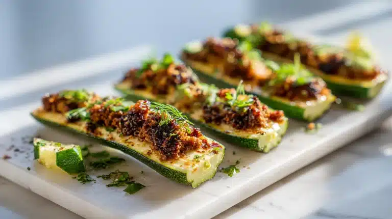 Six golden 5-Ingredient Taco Stuffed Zucchini Boats on a rustic wooden board with fresh cilantro