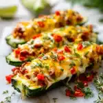 5-Ingredient taco-stuffed zucchini boats topped with melted Mexican cheese blend, vibrant green shells, and bright red salsa accents.