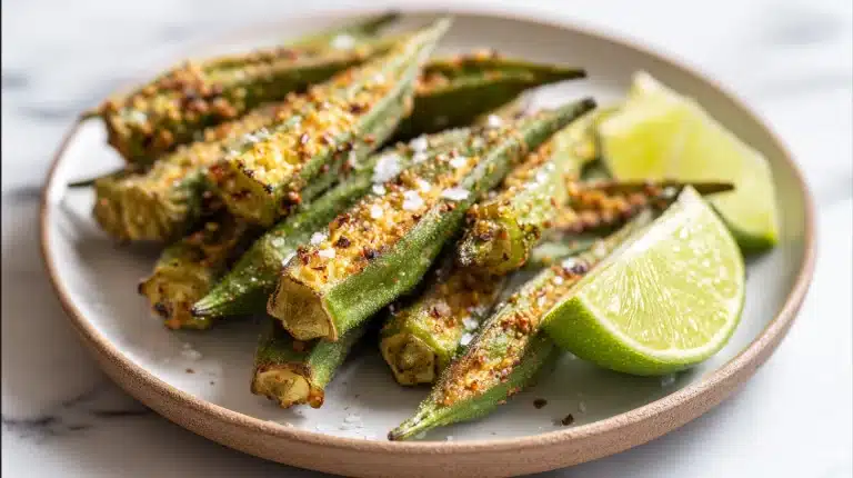 Air fryer okra recipe no breading on a white ceramic plate with lime wedge