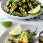 Air fryer okra recipe no breading: half-sliced okra pods air-fried to crisp edges, tossed with olive oil and spices, served with lime.