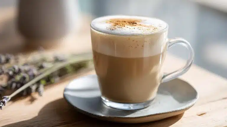 Creamy ashwagandha bedtime latte in a ceramic mug topped with cinnamon and lavender