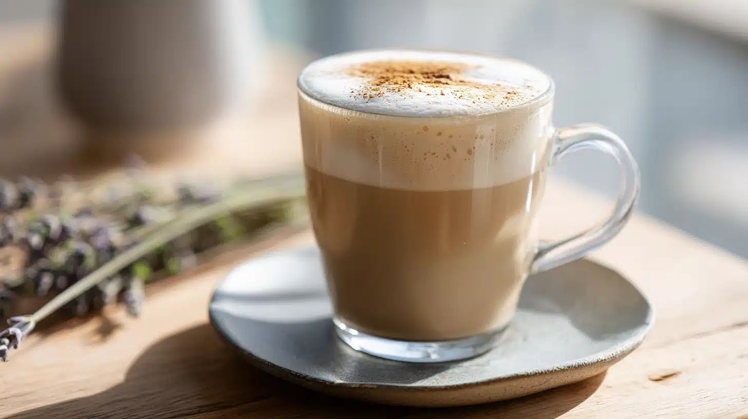 Ashwagandha Bedtime Latte: Your New Nightly Wind-Down Ritual 21 Creamy ashwagandha bedtime latte in a ceramic mug topped with cinnamon and lavender