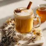 Golden ashwagandha bedtime latte in mug with frothy milk, cinnamon stick, star anise, scattered lavender, chamomile tea, honey jar on marble.