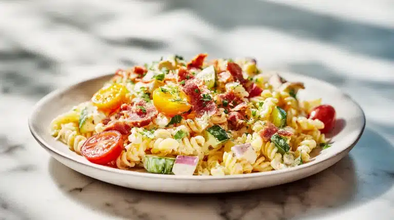 Large bowl of Bacon Ranch Pasta Salad with crispy bacon, cheddar, and green onion on a wooden board