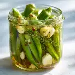 Ball canning recipe for pickled okra in sealed pint jars on wood