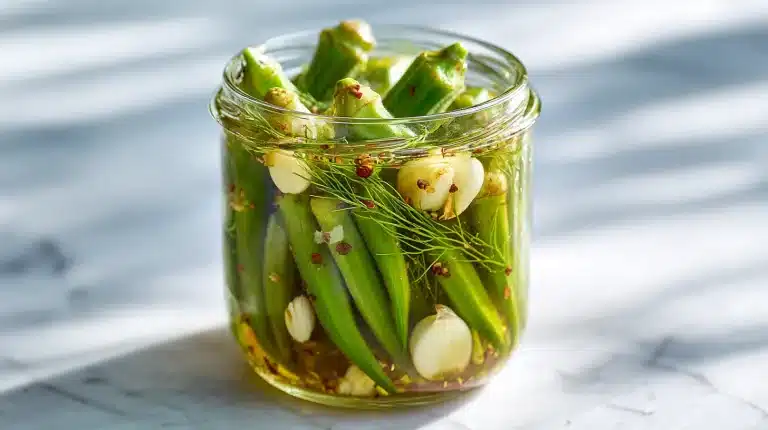 Ball canning recipe for pickled okra in sealed pint jars on wood