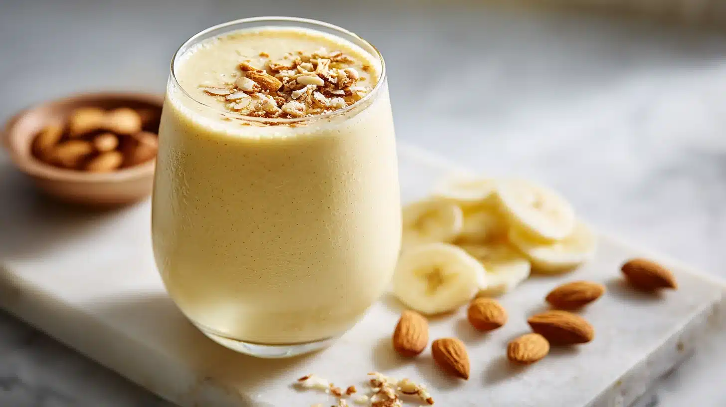 Banana Almond Sleep Smoothie: Your New Bedtime Ritual in 5 Minutes 17 Creamy banana almond sleep smoothie in a short glass with cinnamon dusting on marble