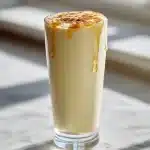 A tall glass of creamy pale-yellow banana almond sleep smoothie, drizzled with honey and dusted with cinnamon, styled on a bright marble surface. The drink looks velvety, nourishing, and deeply comforting.