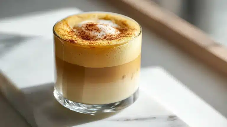 Banana cloud latte in a tall glass with layered espresso and banana cold foam
