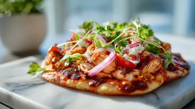 Crispy BBQ Chicken Flatbread Recipe with melted cheese and fresh cilantro on rustic wood