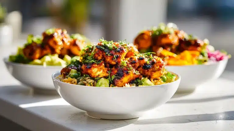 BBQ Chicken Rice Bowls with smoky glazed chicken, avocado, corn, and cilantro