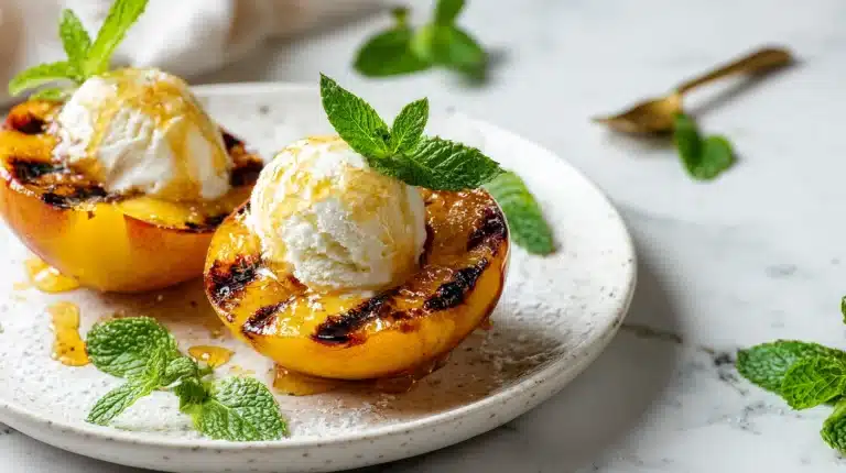 Plated bbq peaches recipe with vanilla ice cream and honey drizzle on a wooden board