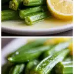A pile of bright green boiled okra pods, tender and crisp, with melted butter drizzled over and a fresh lemon wedge on the side, demonstrating the best boiled okra recipe.